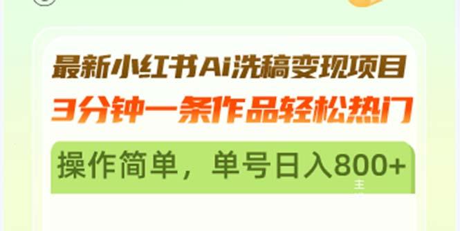 最新小红书Ai洗稿变现项目 3分钟一条作品轻松热门 操作简单，单号日入800+-1